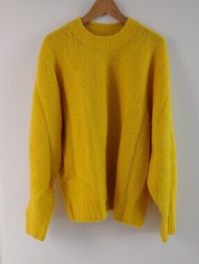 COS Yellow Mohair Crew-Neck Jumper Merino Wool Blend Puffy Soft Knit Size L